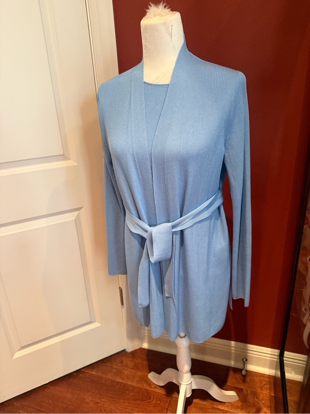 Lafayette 148 New York Sky Blue Knit Wrap Cardigan with Belt